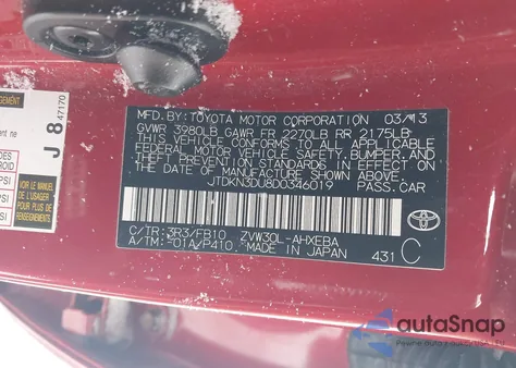 2013 Toyota Prius Three from USA, damaged, VIN JTDKN3DU8D0346019